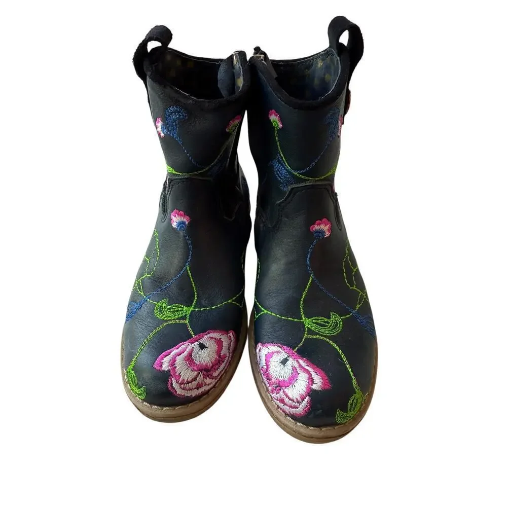 Mim-Pi Girl's Blue Floral Leather Ankle Boots Size Toddler 6